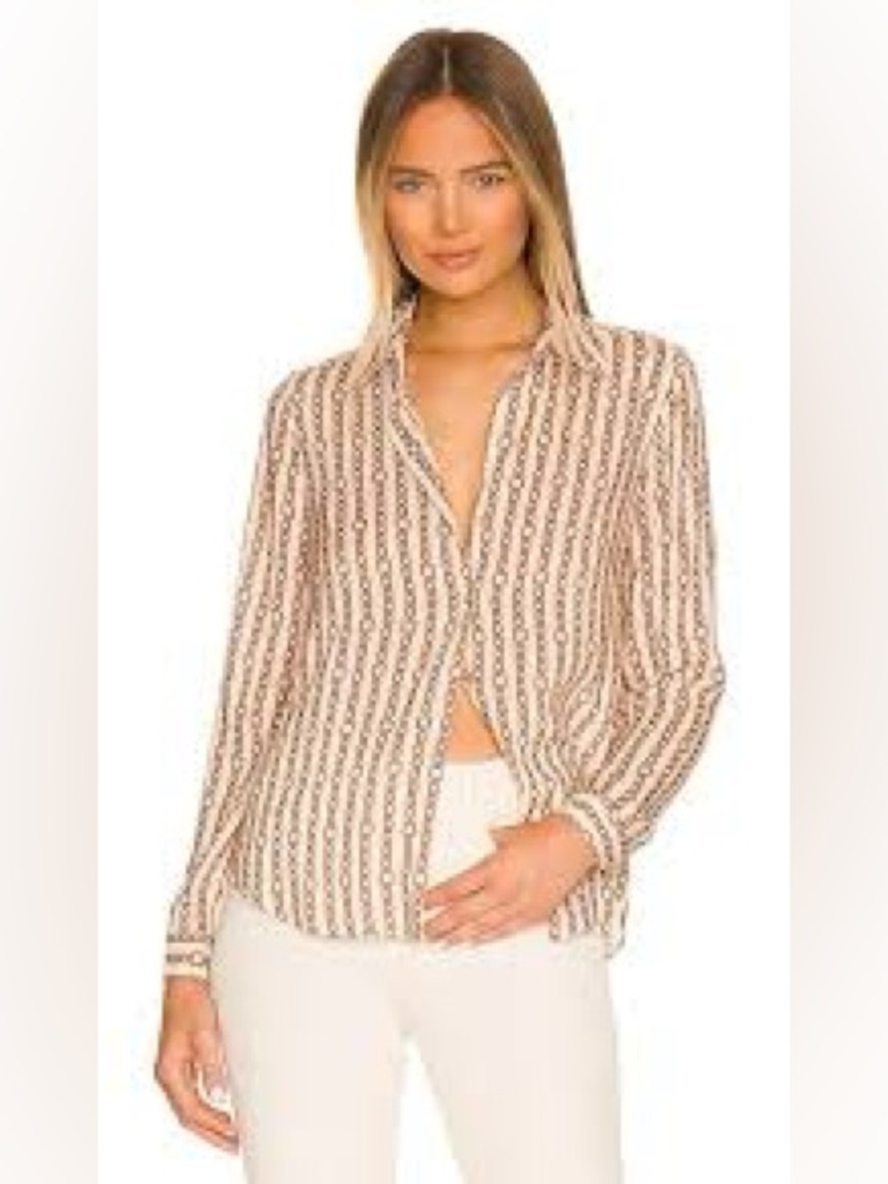 L'AGENCE Holly Blouse Tan Brown Chain Link Print Draped Popover Top Quiet Luxury